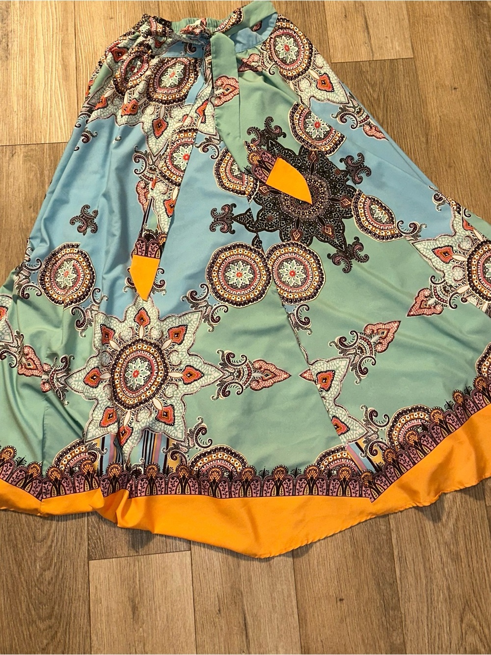 Moon Orchid Boho Paisley Maxi Skirt in Aqua & Mustard